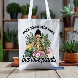 White Tote Bag with Plant and Skeleton Design